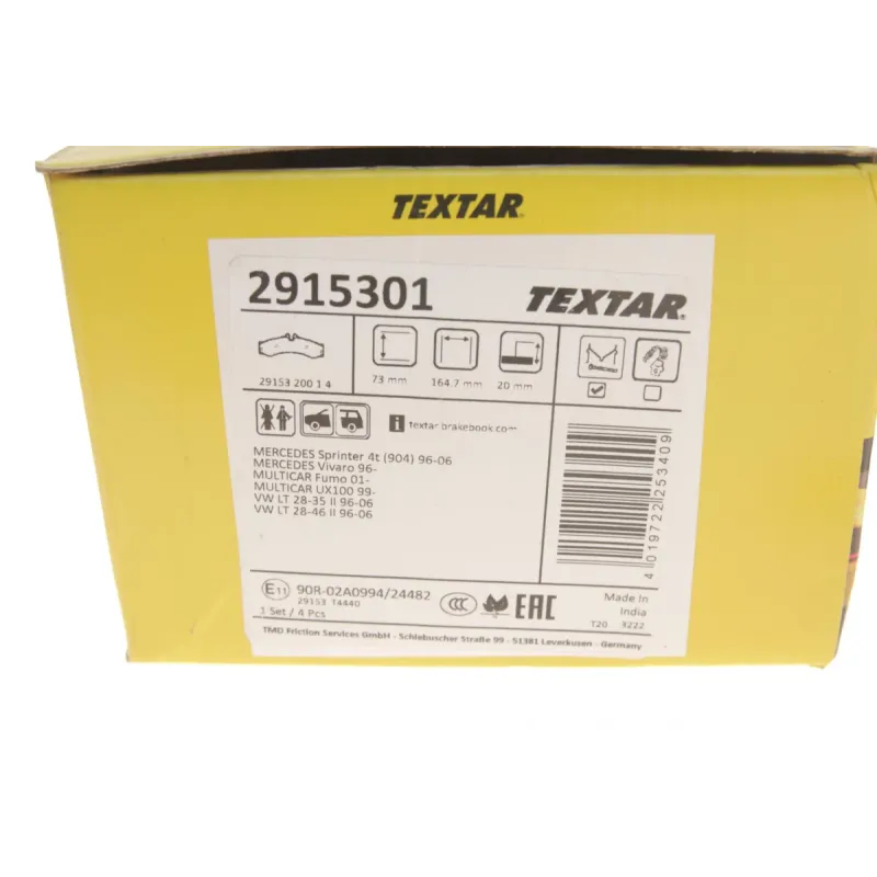 Колодки гальмівні передні TEXTAR 2915301 для Mercedes-Benz Sprinter 2-t, 3-t 1995-2006, 164.7x72.8x20 мм