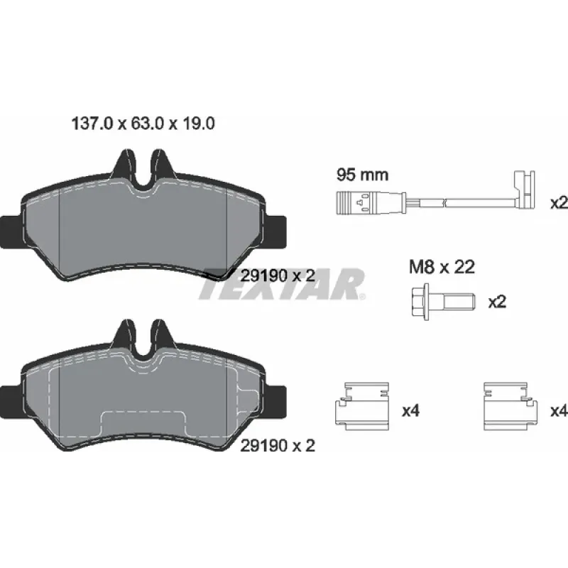 Колодки гальмівні задні TEXTAR 2919001 для Mercedes-Benz Sprinter 906, VW Crafter 30-35 (Bosch) 137x63 мм з датчиками