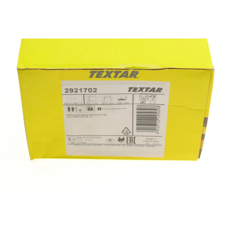 Колодки гальмівні задні TEXTAR 2921702 для Mercedes-Benz Sprinter 509-519 CDI, VW Crafter 50 (2006-), 20.8 мм