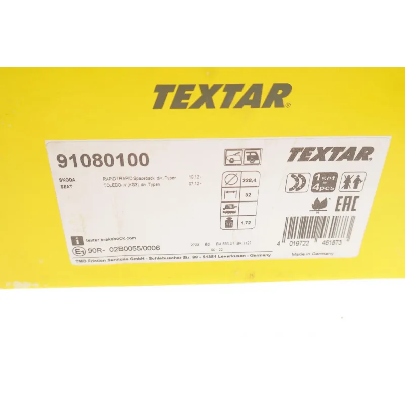 Колодки гальмівні задні TEXTAR 91080100 для Skoda Roomster, Rapid, Seat Toledo (барабанні, 228x32 мм)