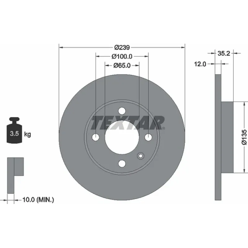 Диск гальмівний передній TEXTAR 92010603 для VW Caddy I 1982-1992, 239x12 мм