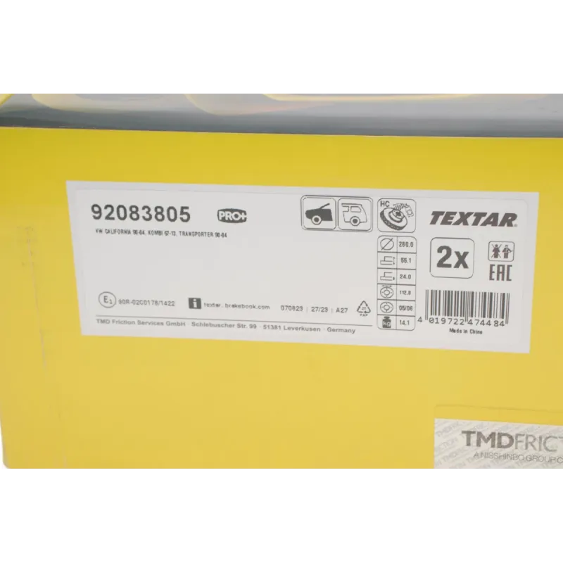 Диск гальмівний передній TEXTAR 92083805 для Volkswagen T4 2.5TDI 1998-2003 (280x24 мм)