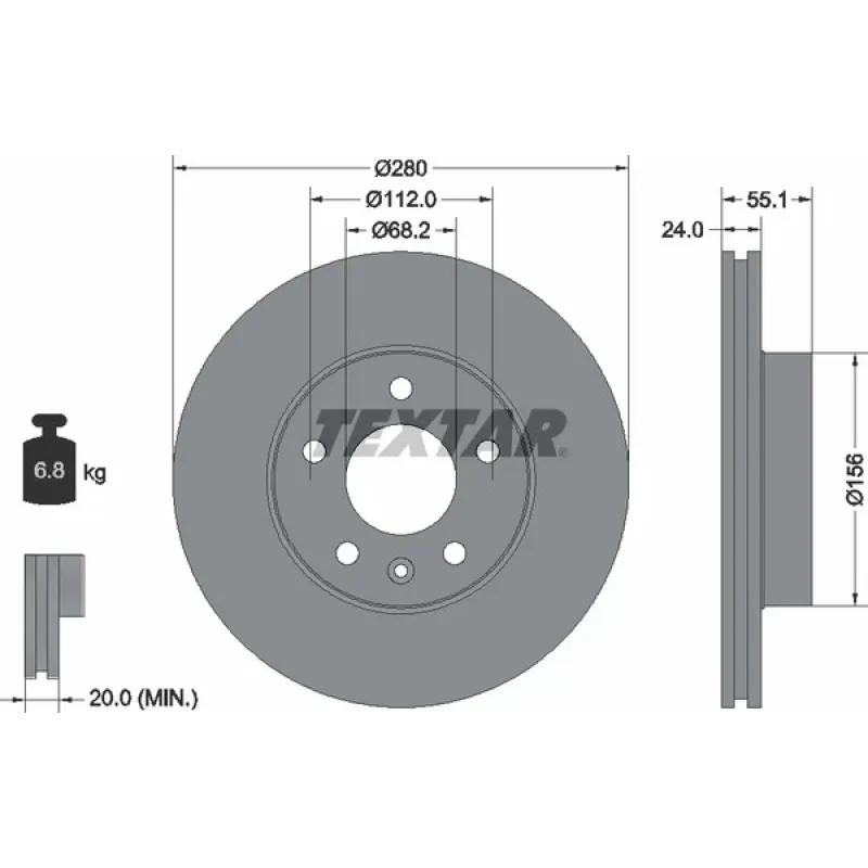 Диск гальмівний передній TEXTAR 92083805 для Volkswagen T4 2.5TDI 1998-2003 (280x24 мм)
