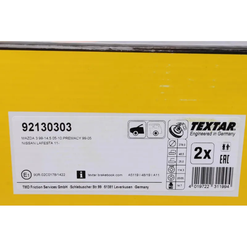 Диск гальмівний передній TEXTAR 92130303 для Mazda 3, Mazda 5 (278x25 мм)
