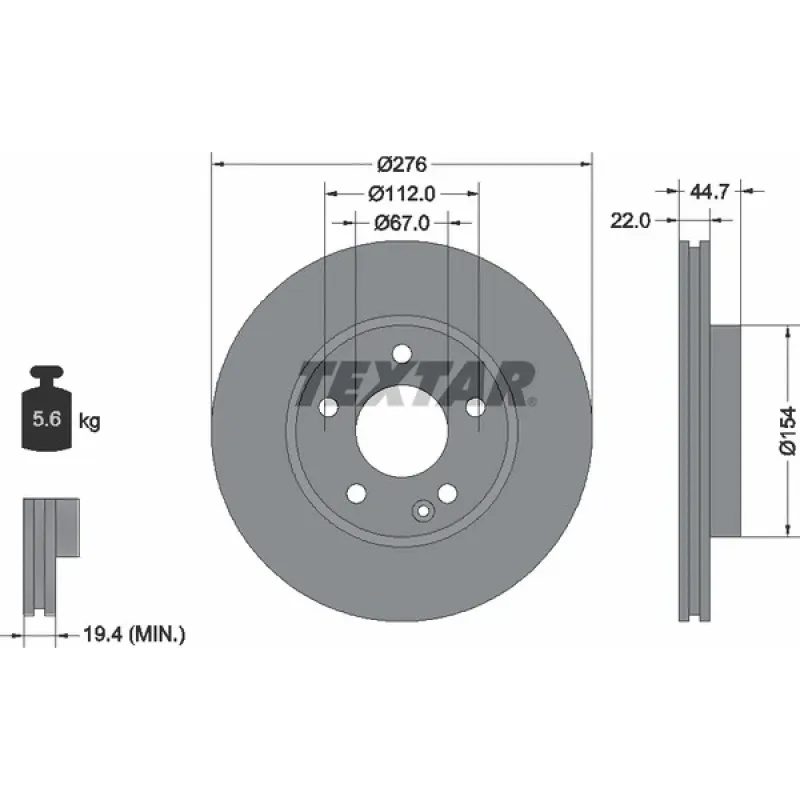 Диск гальмівний передній TEXTAR 92131903 для Mercedes-Benz A-Class W169, B-Class W245 2005-2012, 276x22 мм