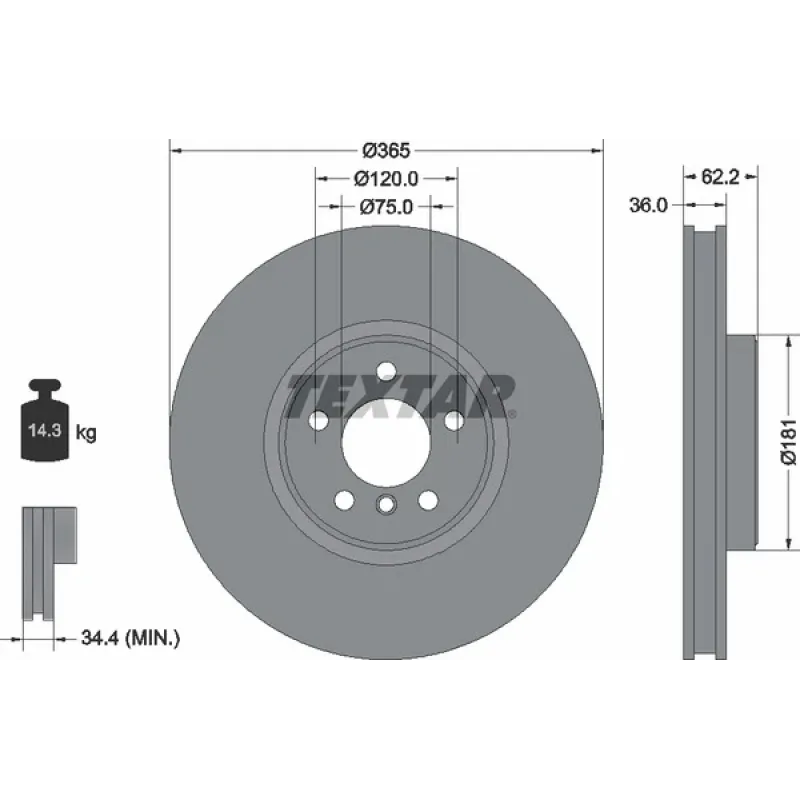 Диск гальмівний передній TEXTAR 92161005 для BMW X5 E70/F15, X6 E71/F16 (365x36 мм)