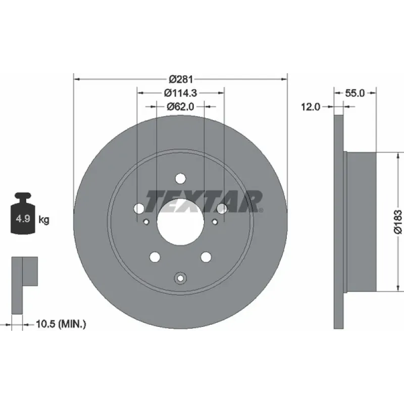 Диск гальмівний задній TEXTAR 92162103 для Toyota RAV4 III/IV, Lexus HS 281x12 мм