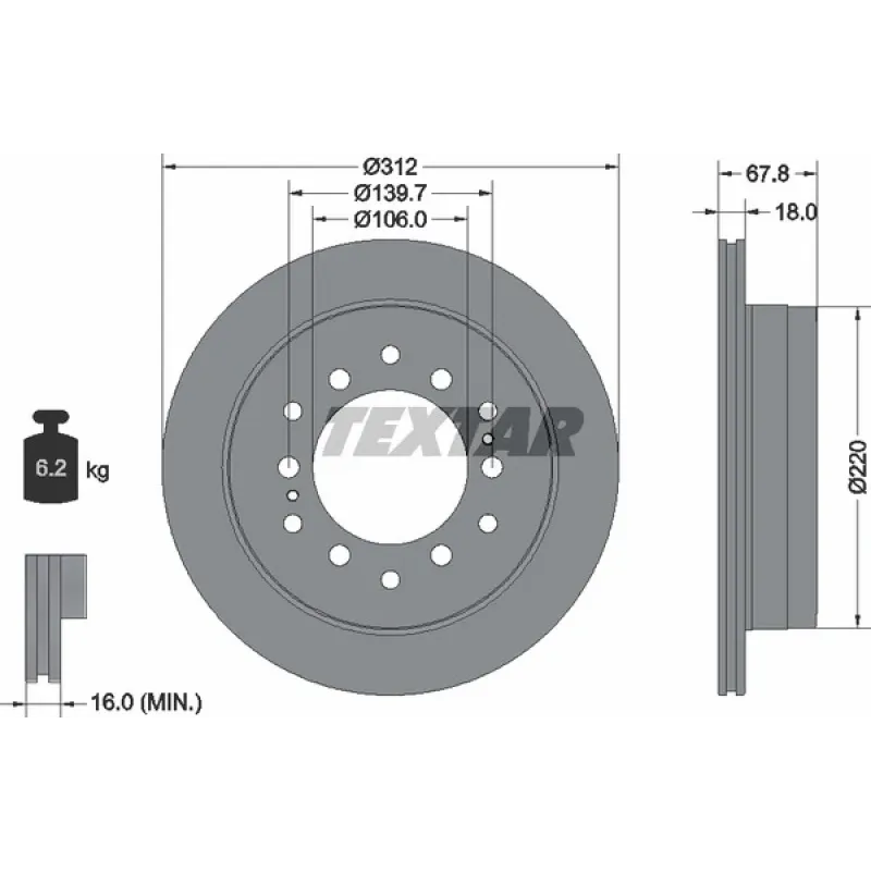 Диск гальмівний задній TEXTAR 92170103 для Lexus GX, Toyota Land Cruiser 312x18 мм