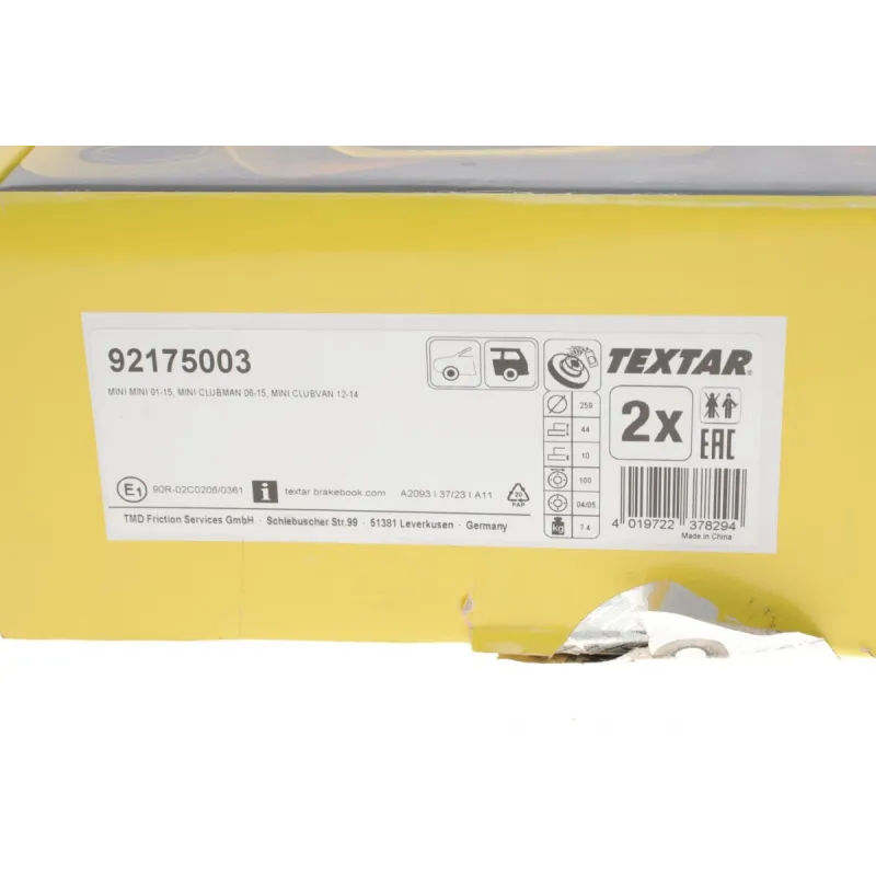 Диск гальмівний задній TEXTAR 92175003 для Mini Cooper R50/R53 2001-2006 (259x10 мм)
