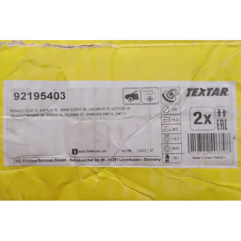 Диск гальмівний передній TEXTAR 92195403 для Renault Scenic IV 1.2 TCe/1.6 dCi 16- (320x28 мм)
