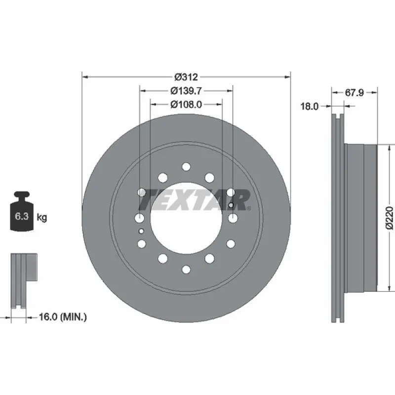 Диск гальмівний задній TEXTAR 92231003 для Toyota Land Cruiser 150 (GRJ150) 2009-2015, 312x18 мм