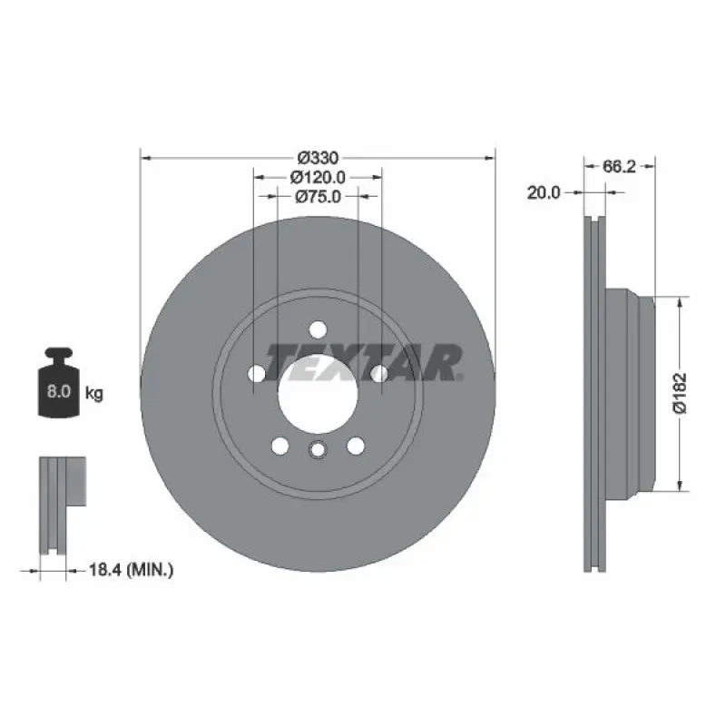 Диск гальмівний задній TEXTAR 92241903 для BMW 3 (F30/F31) 4 (F32/F36) 2011-, 330x20 мм