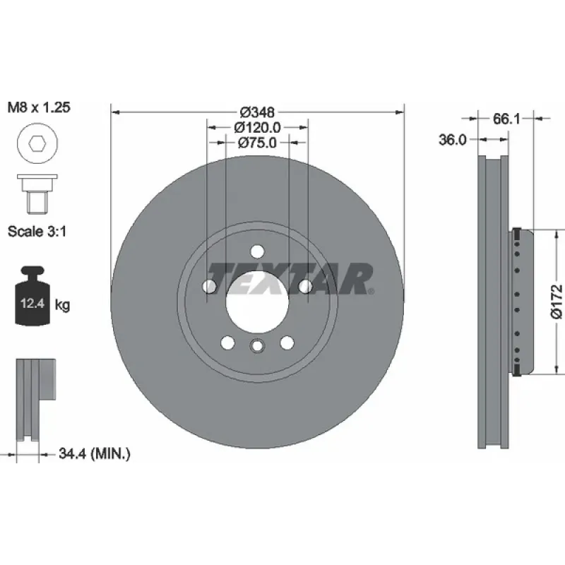 Диск гальмівний передній TEXTAR 92253725 для BMW 5 (F10/F11)/6 (F12/F13)/7 (F01-F04) 2009-, 348x36 мм