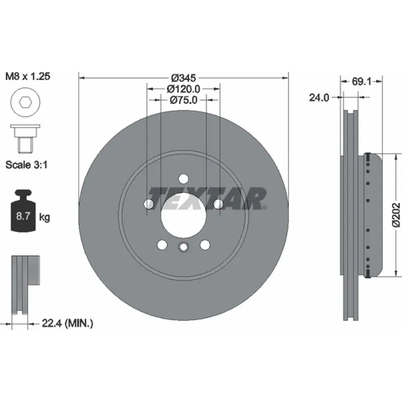 Диск гальмівний задній TEXTAR 92253925 для BMW 5 (F10/F11)/6 (F06/F13)/7 (F01-04) 345x24 мм