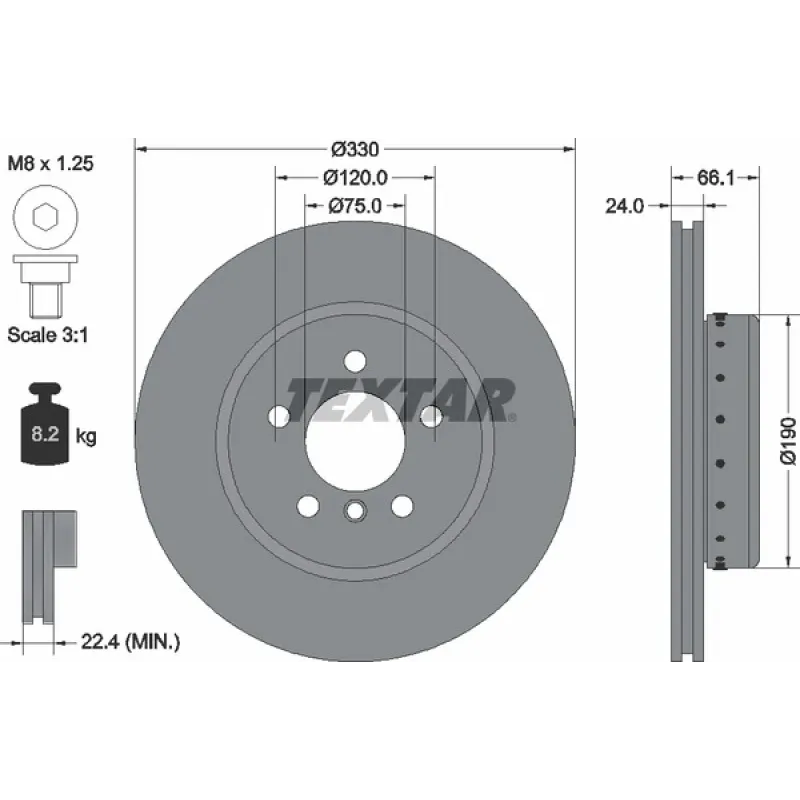 Диск гальмівний передній TEXTAR 92265825 для BMW 5 F10/F11/F18 2010- 330x24 мм
