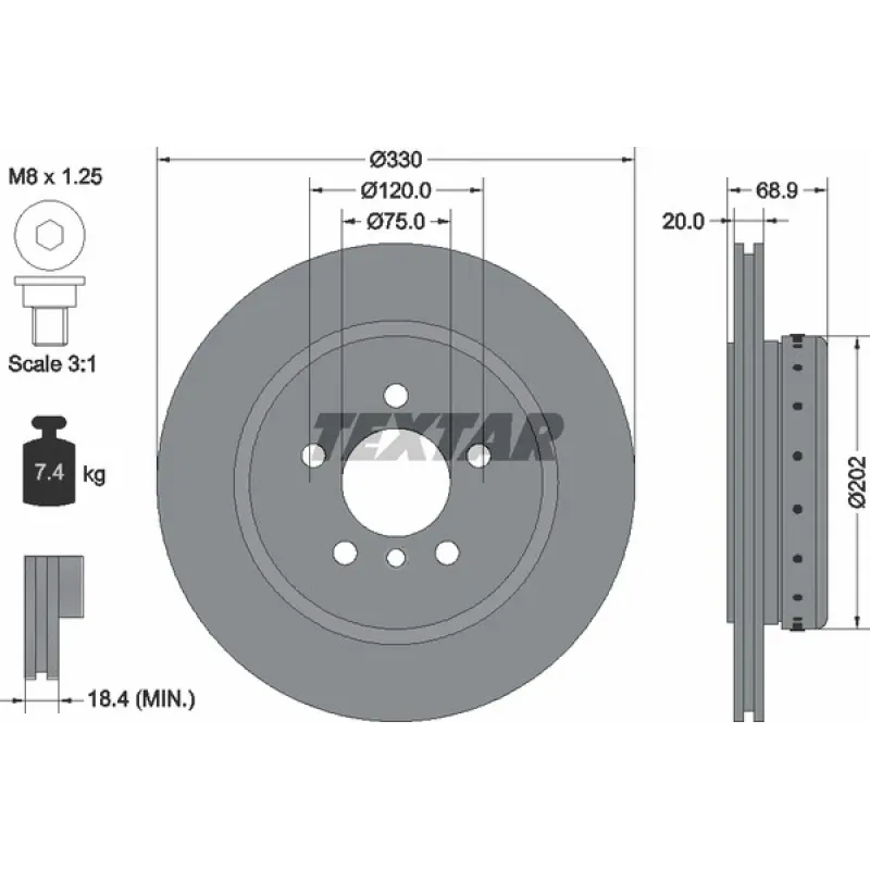 Диск гальмівний задній TEXTAR 92265925 для BMW 5 (F10/F11) 330x20 мм