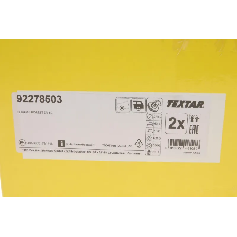 Диск гальмівний задній TEXTAR 92278503 для Subaru Forester SJ 2012- 278x18 мм