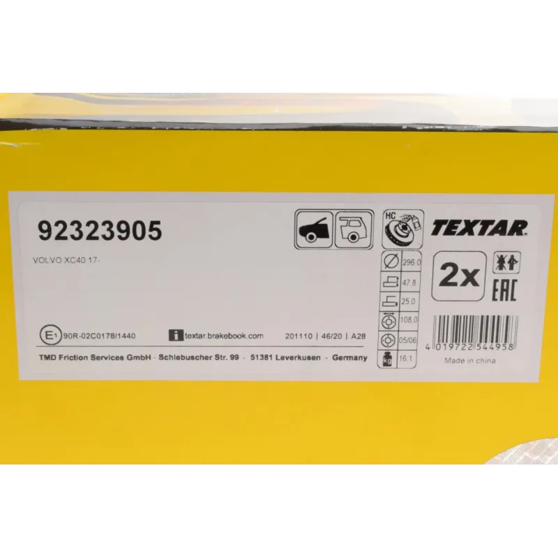 Диск гальмівний передній TEXTAR 92323905 для Volvo XC40 2.0 2017-, 296x25 мм