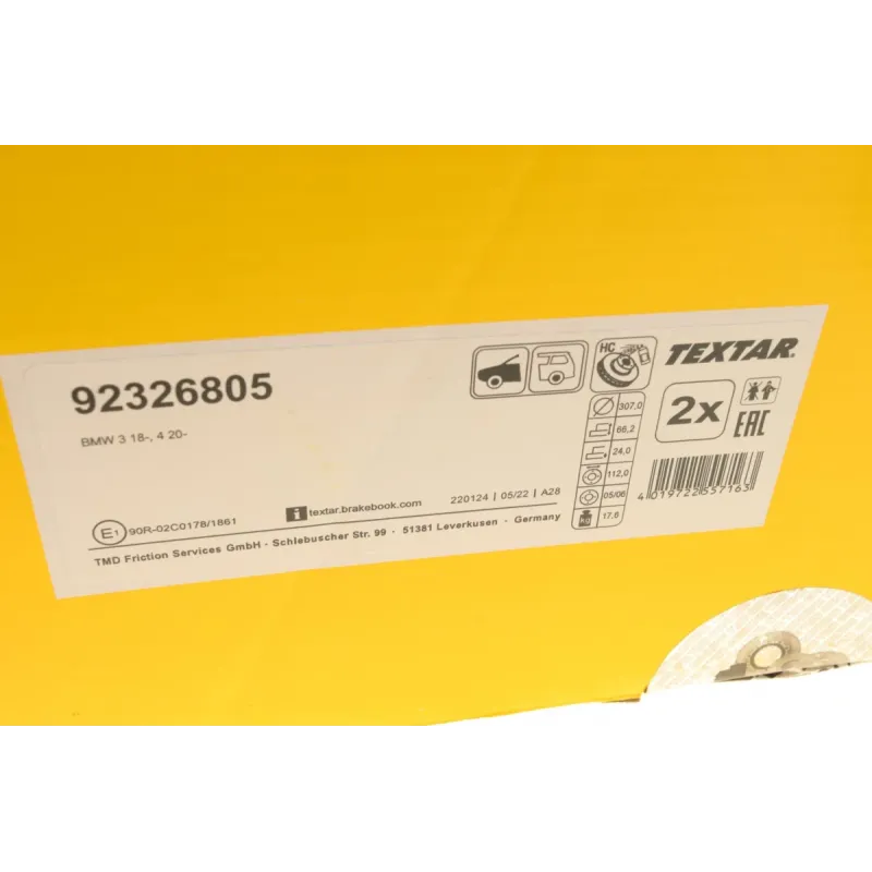 Диск гальмівний передній TEXTAR 92326805 для BMW 3 (G20) 320 d, 4 (G22) 420 i 307x24 мм
