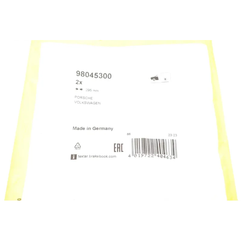 Датчик зносу гальмівних колодок передній TEXTAR 98045300 для Porsche Cayenne, VW Touareg 2010-, 295 мм