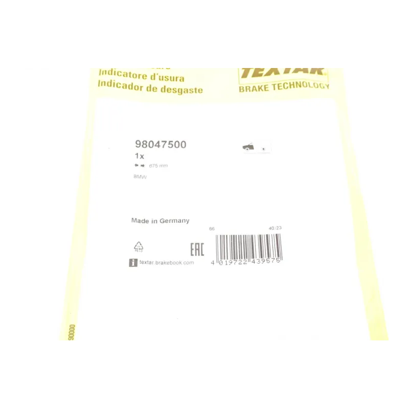 Датчик зносу гальмівних колодок передній TEXTAR 98047500 для BMW 1 (F20) 116i 2010-