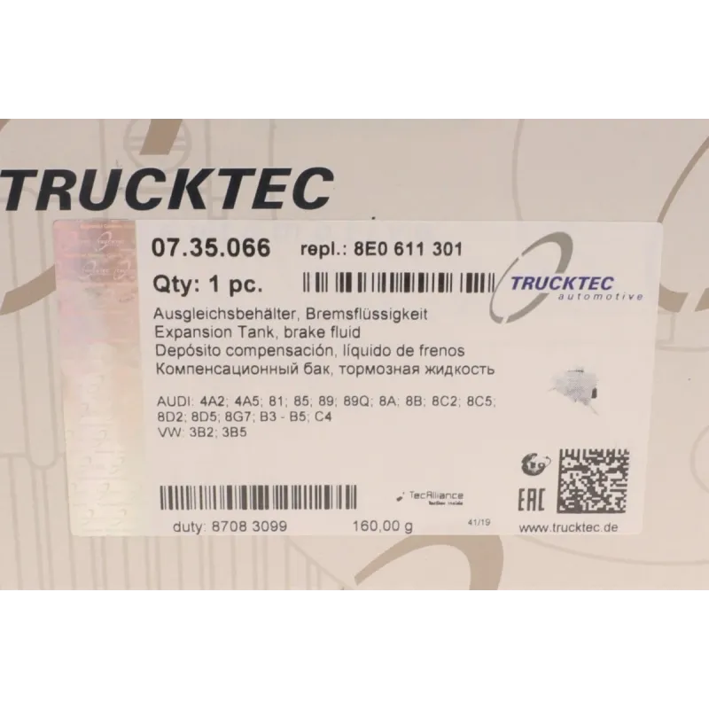 Бачок гальмівної рідини TRUCKTEC AUTOMOTIVE 07.35.066 для Audi 80 B4, VW Passat B5, з кришкою