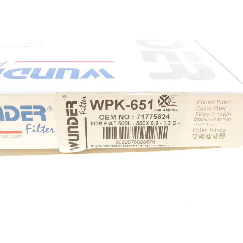 Фільтр салону вугільний WUNDER FILTER WPK 651 для Fiat 500L/500X, Jeep Compass/Renegade, 220x167x30 мм