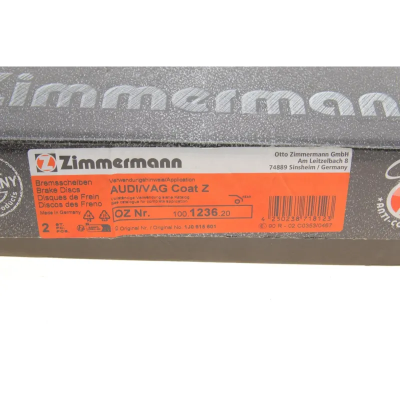 Диск гальмівний задній ZIMMERMANN 100.1236.20 для Skoda Fabia, Octavia, VW Golf IV 1998-2005 (230x9 мм)