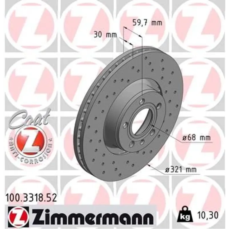 Диск гальмівний передній ZIMMERMANN 100.3318.52 для Audi A6 C6 2004-2011 (321x30 мм)