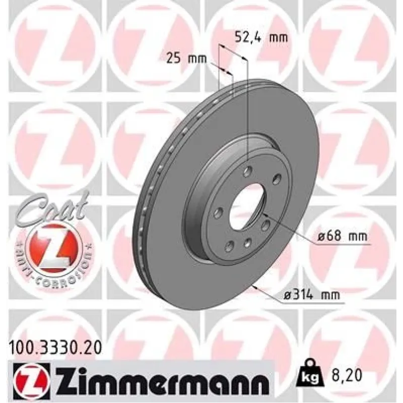 Диск гальмівний передній Zimmermann 100.3330.20 для Audi A4/A5 2007-, 314x25 мм (вентильований, з покриттям)
