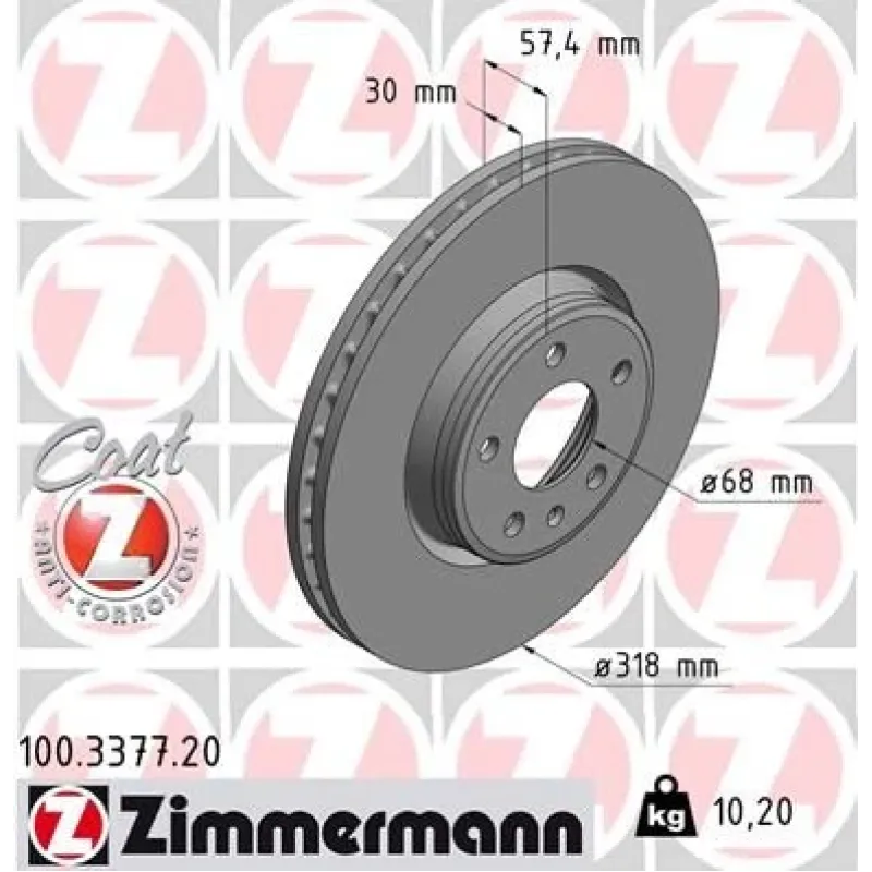 Диск гальмівний передній ZIMMERMANN 100.3377.20 для Audi A4 B9, A5 F5, Q5 FY 318x30 мм