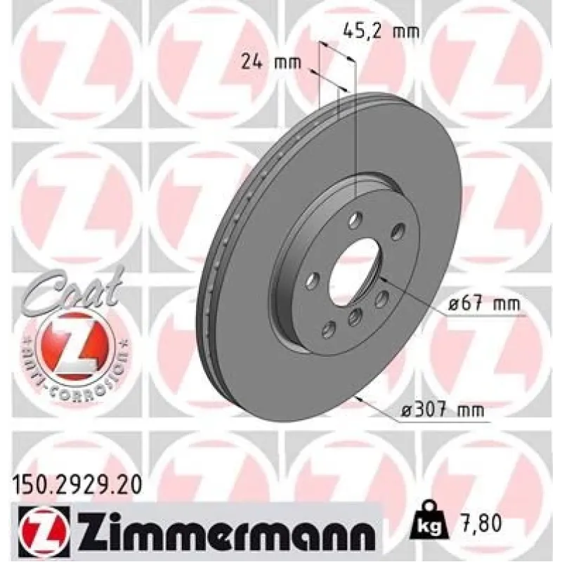Диск гальмівний передній ZIMMERMANN 150.2929.20 для BMW 2 (F44/F45/F46) / X1 (F48), 307x24 мм