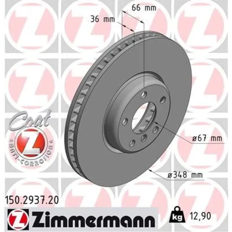 Диск гальмівний передній ZIMMERMANN 150.2937.20 для BMW 5 (G30/F90) 2017-2020, 348x36 мм