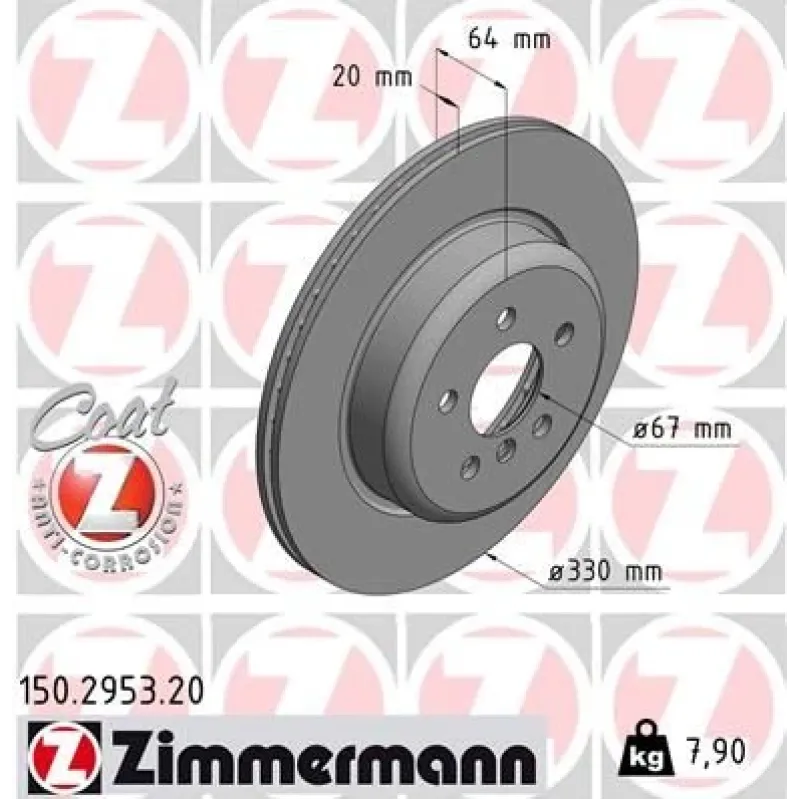 Диск гальмівний задній ZIMMERMANN 150.2953.20 для BMW 5 (G30/G31) 7 (G11/G12), 330x20 мм, вентильований