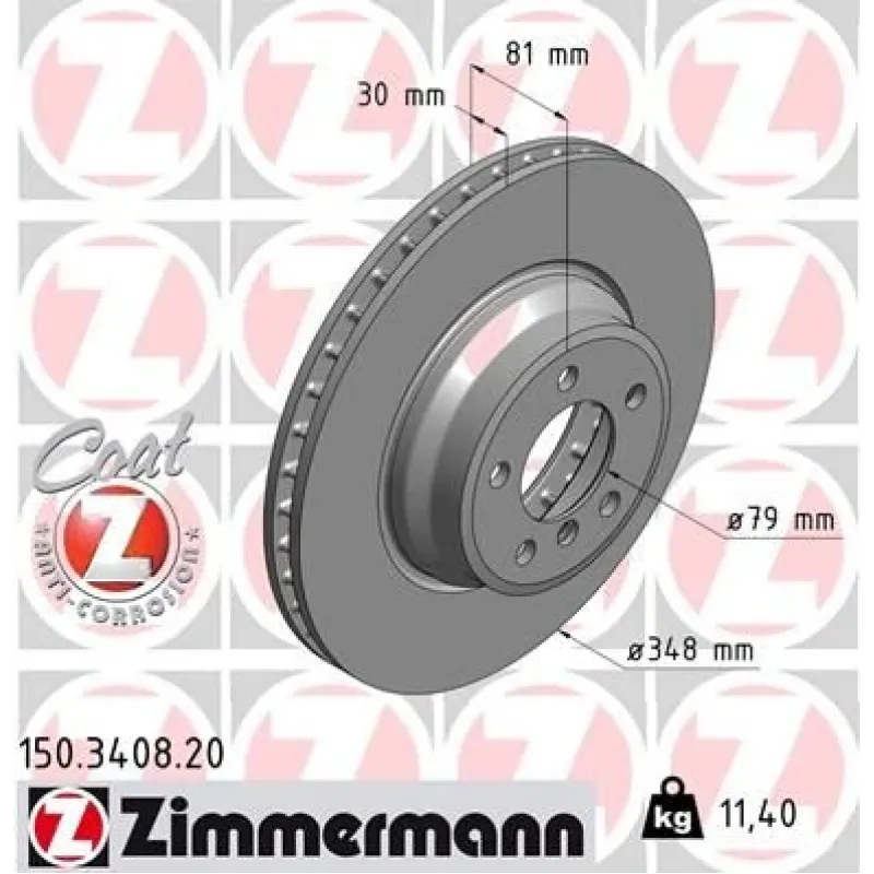 Диск гальмівний передній ZIMMERMANN 150.3408.20 для BMW 7 (E65-E67) 2001-2009, 348x30 мм