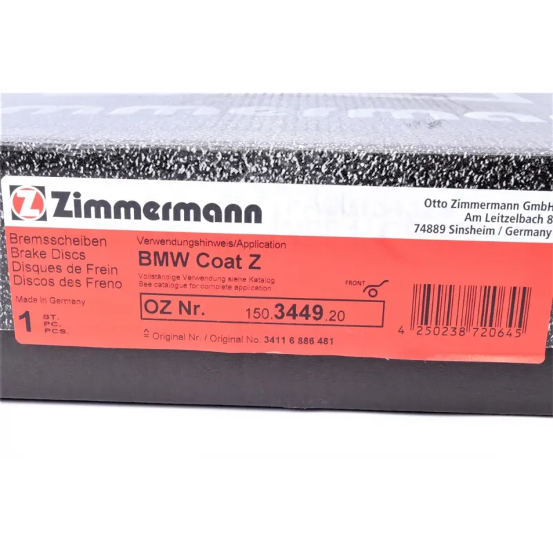 Диск гальмівний передній ZIMMERMANN 150.3449.20 для BMW X5 (E70) X6 (E71) 365x36 мм