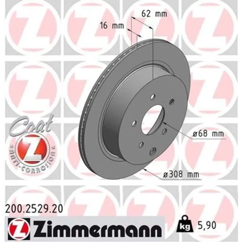 Диск гальмівний задній ZIMMERMANN 200.2529.20 для Infiniti EX, FX, G, M, Q50, Q70 308x16 мм