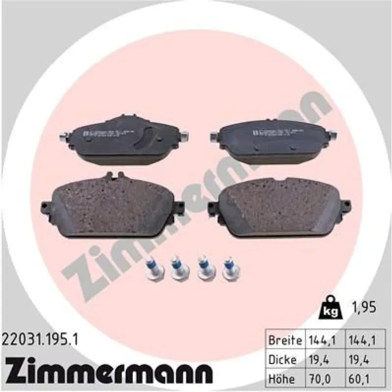 Колодки гальмівні передні ZIMMERMANN 22031.195.1 для Mercedes-Benz C-Class W205/W213, 144x60x19 мм