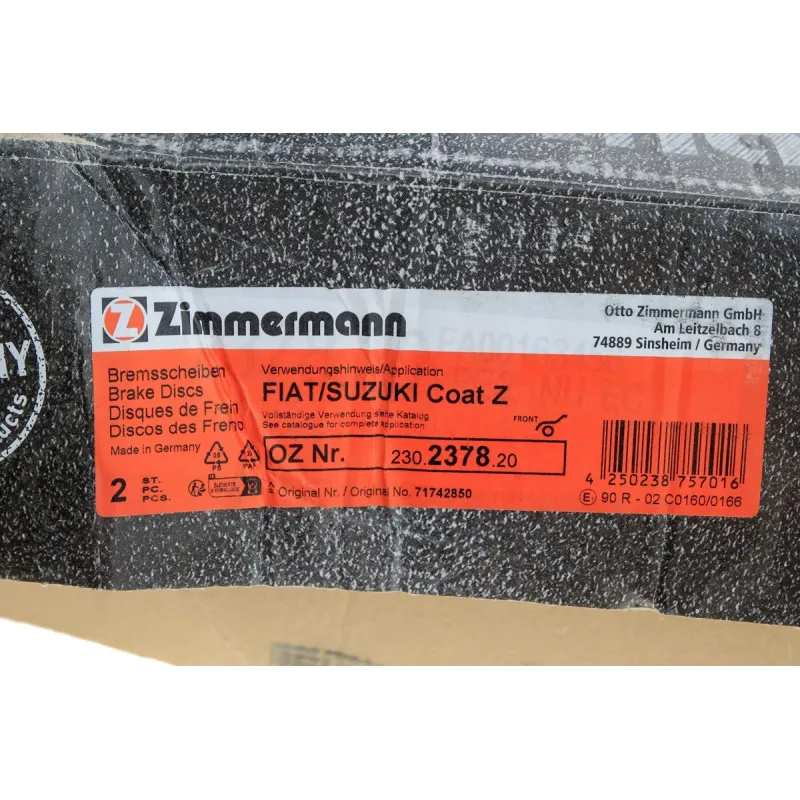 Диск гальмівний передній ZIMMERMANN 230.2378.20 для Fiat Sedici, Suzuki SX4 2006- (280x22 мм)