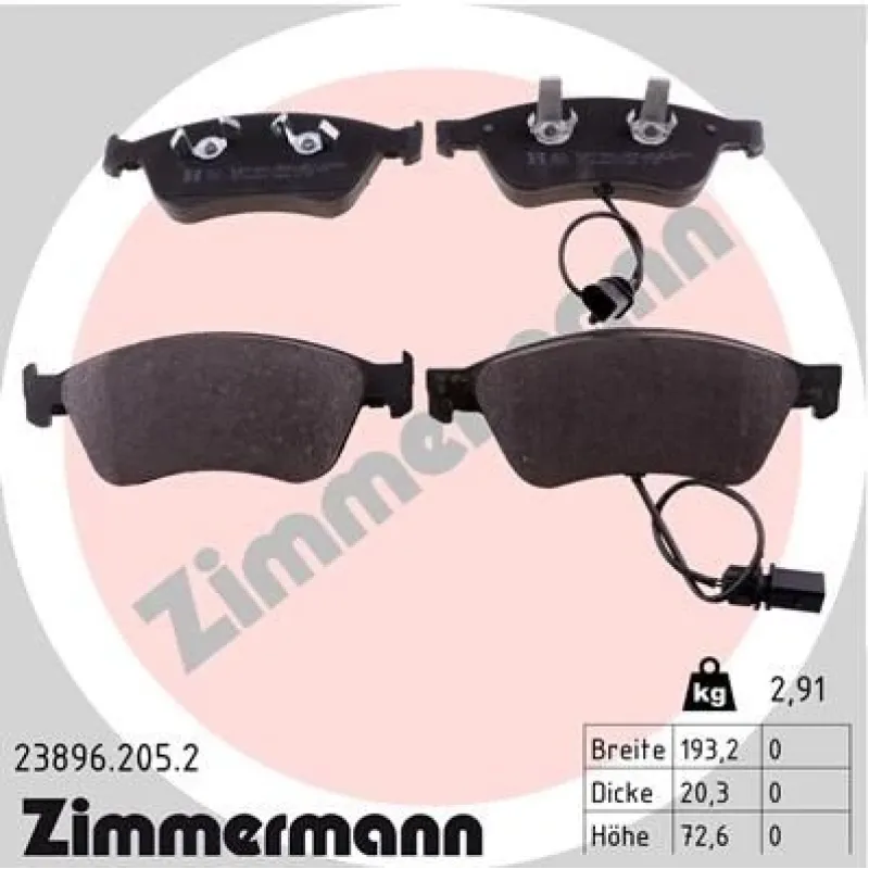 Колодки гальмівні передні ZIMMERMANN 23896.205.2 для Audi A6/A8, VW Phaeton (ATE, ECE R90)