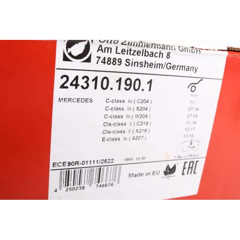 Колодки гальмівні передні Zimmermann 24310.190.1 для Mercedes-Benz C-Class W204/C204, E-Class C207/A207 2007-, 188x81x19 мм