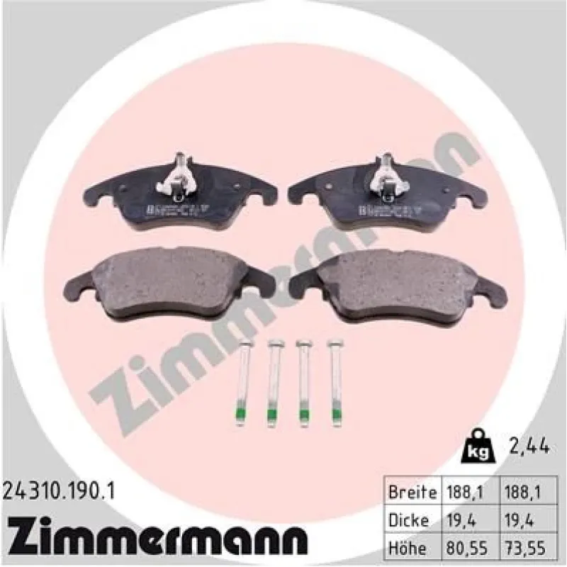 Колодки гальмівні передні Zimmermann 24310.190.1 для Mercedes-Benz C-Class W204/C204, E-Class C207/A207 2007-, 188x81x19 мм