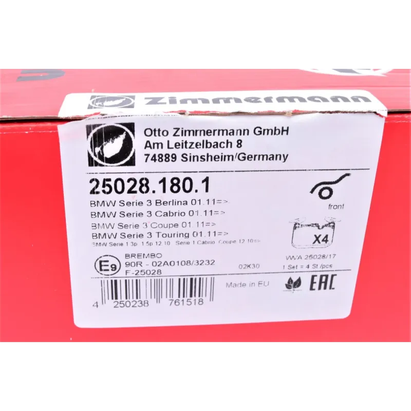 Колодки гальмівні передні ZIMMERMANN 25028.180.1 для BMW 1 (F20/F21), 3 (F30/F31/F34) 2011-, 18 мм