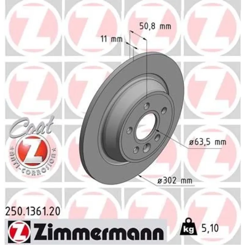 Диск гальмівний задній ZIMMERMANN 250.1361.20 для Ford Focus, Galaxy, Mondeo (302x11 мм)