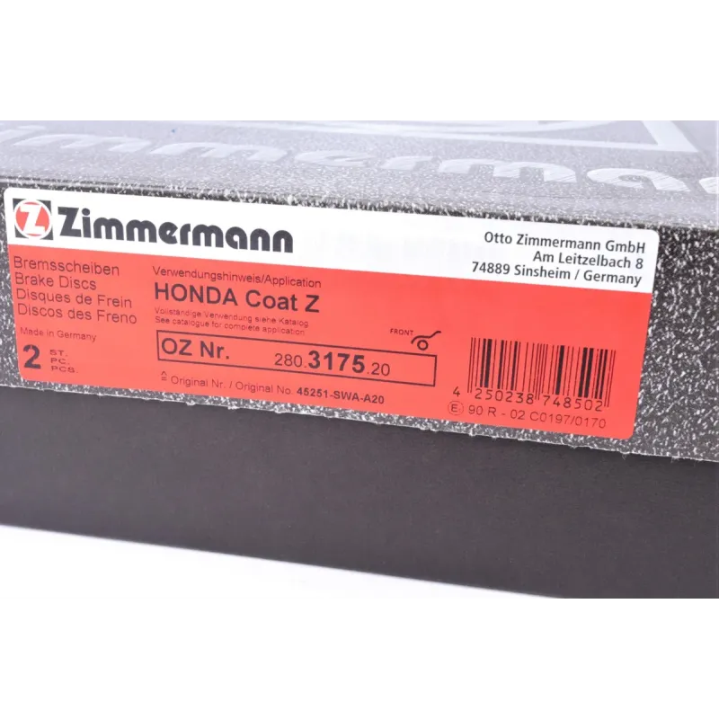 Диск гальмівний передній Zimmermann 280.3175.20 для Honda CR-V III-IV 2007-, 293x28 мм