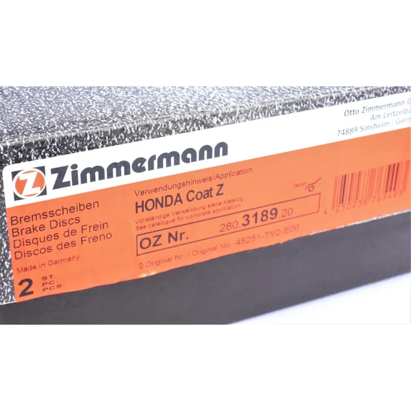 Диск гальмівний передній ZIMMERMANN 280.3189.20 для Honda Civic IX (FK) 2012-, 293x25 мм