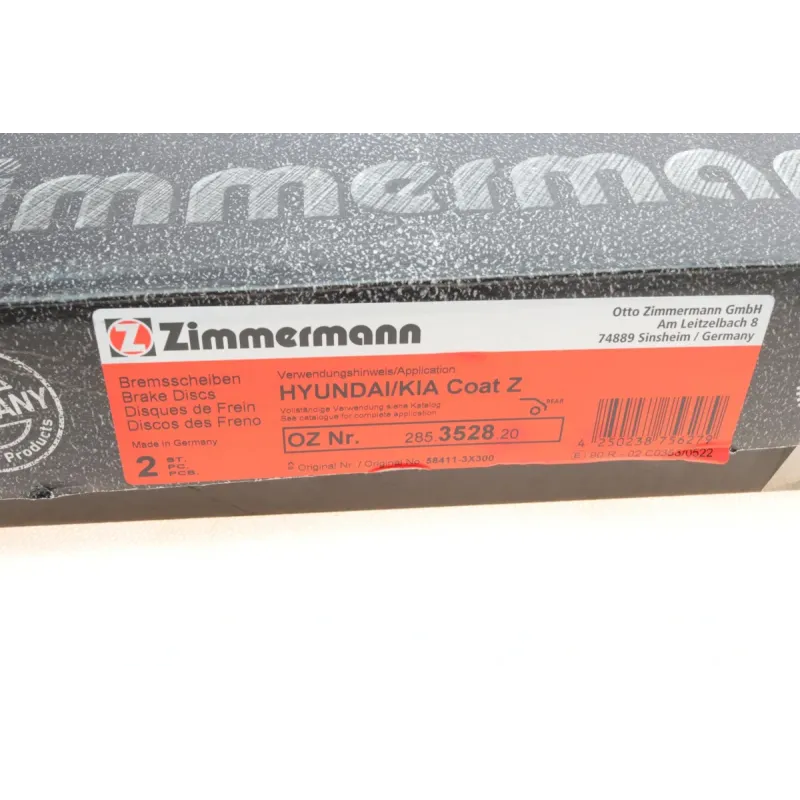 Диск гальмівний задній ZIMMERMANN 285.3528.20 для Kia Ceed/Hyundai i30 262x10 мм