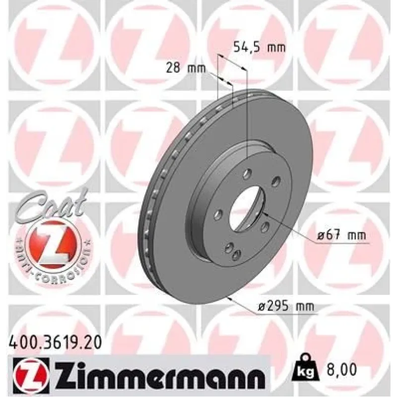 Диск гальмівний передній ZIMMERMANN 400.3619.20 для Mercedes-Benz E-Class W211/S211 2002-2009, 295x28 мм