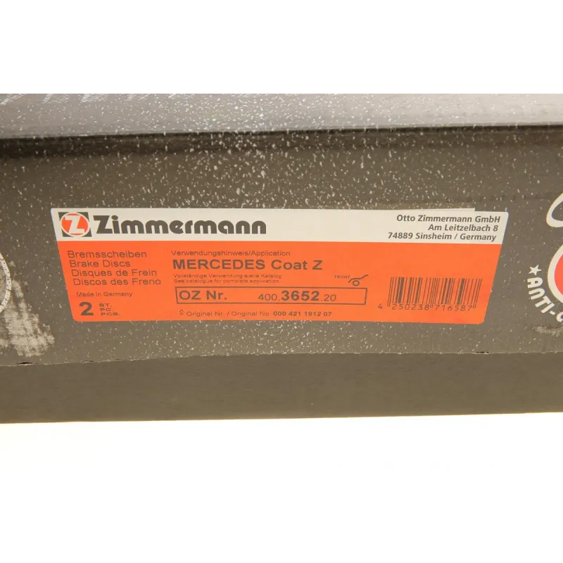Диск гальмівний передній ZIMMERMANN 400.3652.20 для Mercedes-Benz C-Class W204/S204 2007-2014 (288x25 мм)