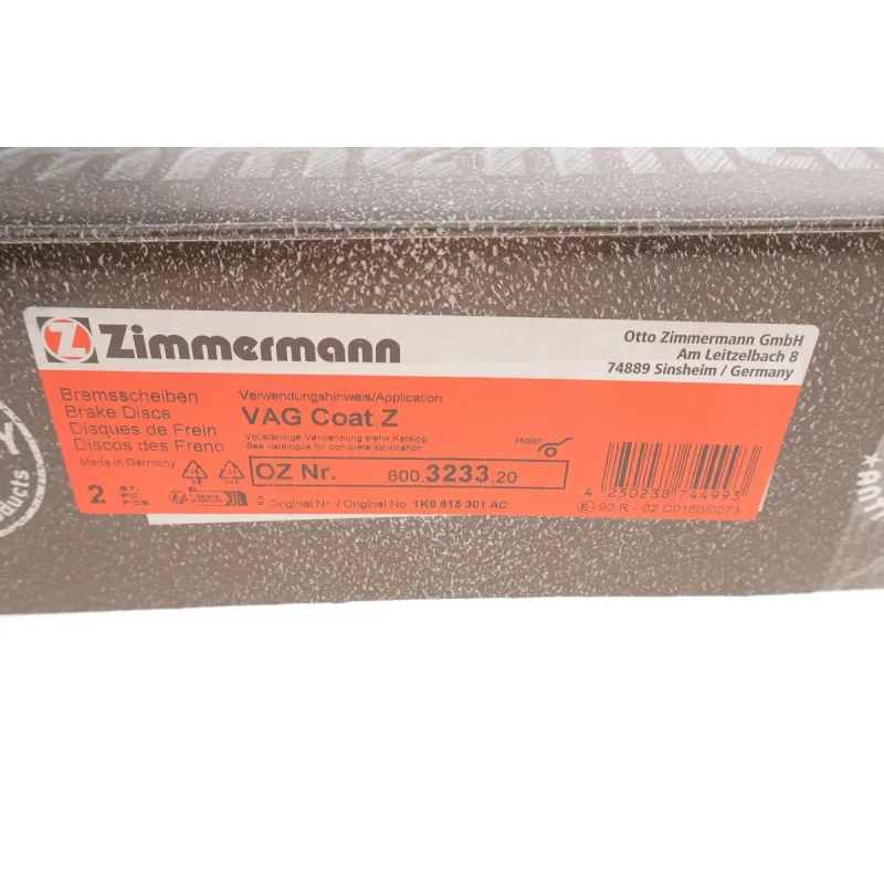 Диск гальмівний передній ZIMMERMANN 600.3233.20 для Audi A3, Skoda Octavia II, VW Golf V 2004-, 280x22 мм